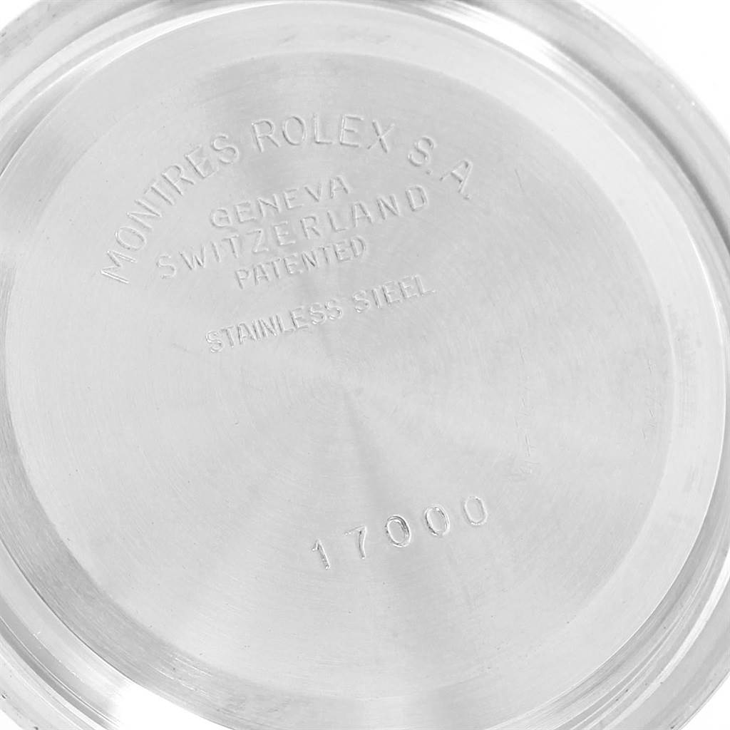 This image shows the stainless steel case back of a Rolex Oysterquartz 17000 Men's Stainless Steel Black Dial 17000 Men's Stainless Steel Black Dial watch with the inscribed model number 17000.