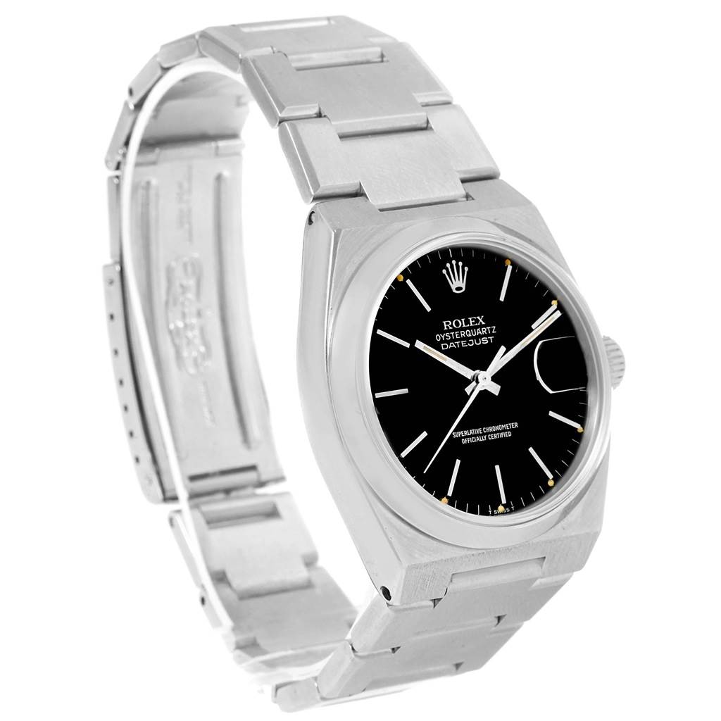 The image shows the Rolex Oysterquartz 17000 Men's Stainless Steel Black Dial 17000 Men's Stainless Steel Black Dial watch from a three-quarter angle, highlighting the black dial, stainless steel case, and bracelet.