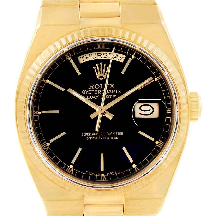 Rolex Oysterquartz President Day-Date Yellow Gold Black Dial Watch 19018 SwissWatchExpo