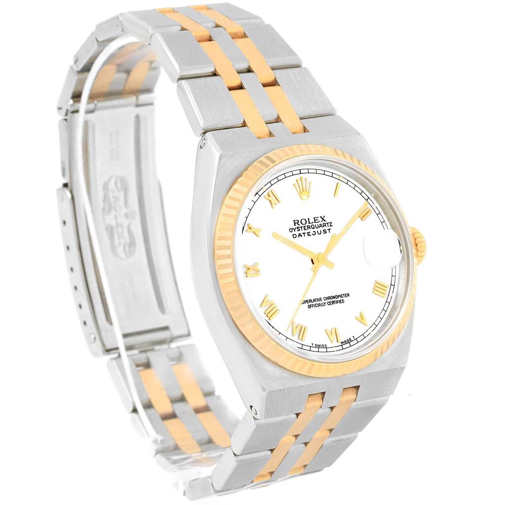The Rolex Oysterquartz 17013 Men's Stainless Steel White Dial 17013 Men's Stainless Steel White Dial watch is shown at an angled side view, displaying its dial, bezel, and bracelet.
