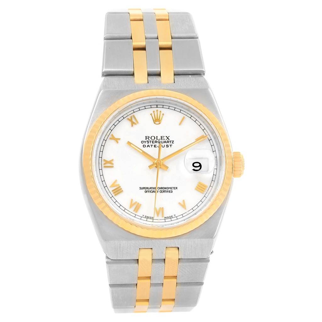 The Rolex Oysterquartz 17013 Men's Stainless Steel White Dial 17013 Men's Stainless Steel White Dial watch is shown from a top-down angle, displaying the face, bezel, dial, and bracelet.