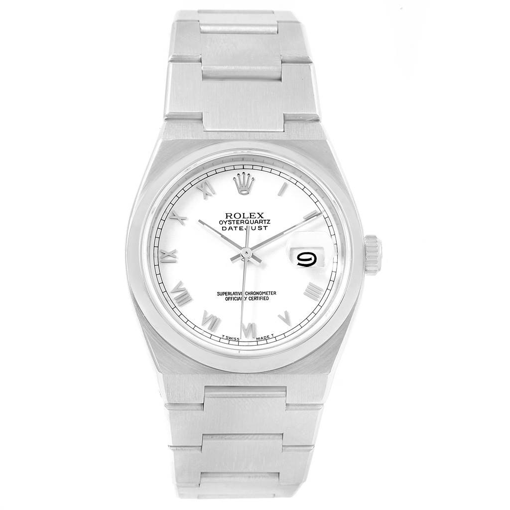 This image shows a front view of the Rolex Oysterquartz 17000 Men's Stainless Steel White Dial 17000 Men's Stainless Steel White Dial Datejust watch, displaying the dial, bracelet, crown, and date window.