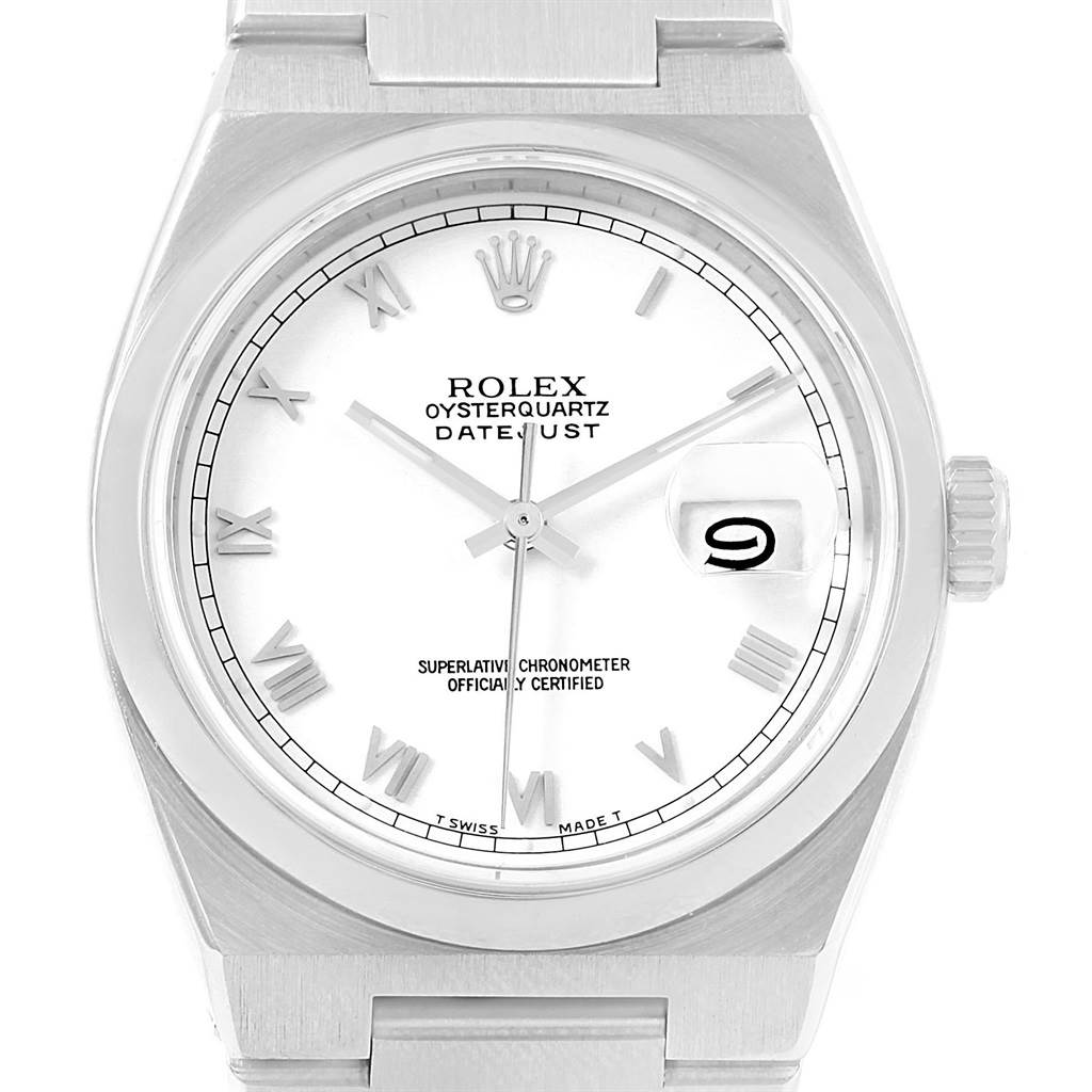 This is a front view of the Rolex Oysterquartz 17000 Men's Stainless Steel White Dial 17000 Men's Stainless Steel White Dial watch showing the dial, bezel, and part of the bracelet.