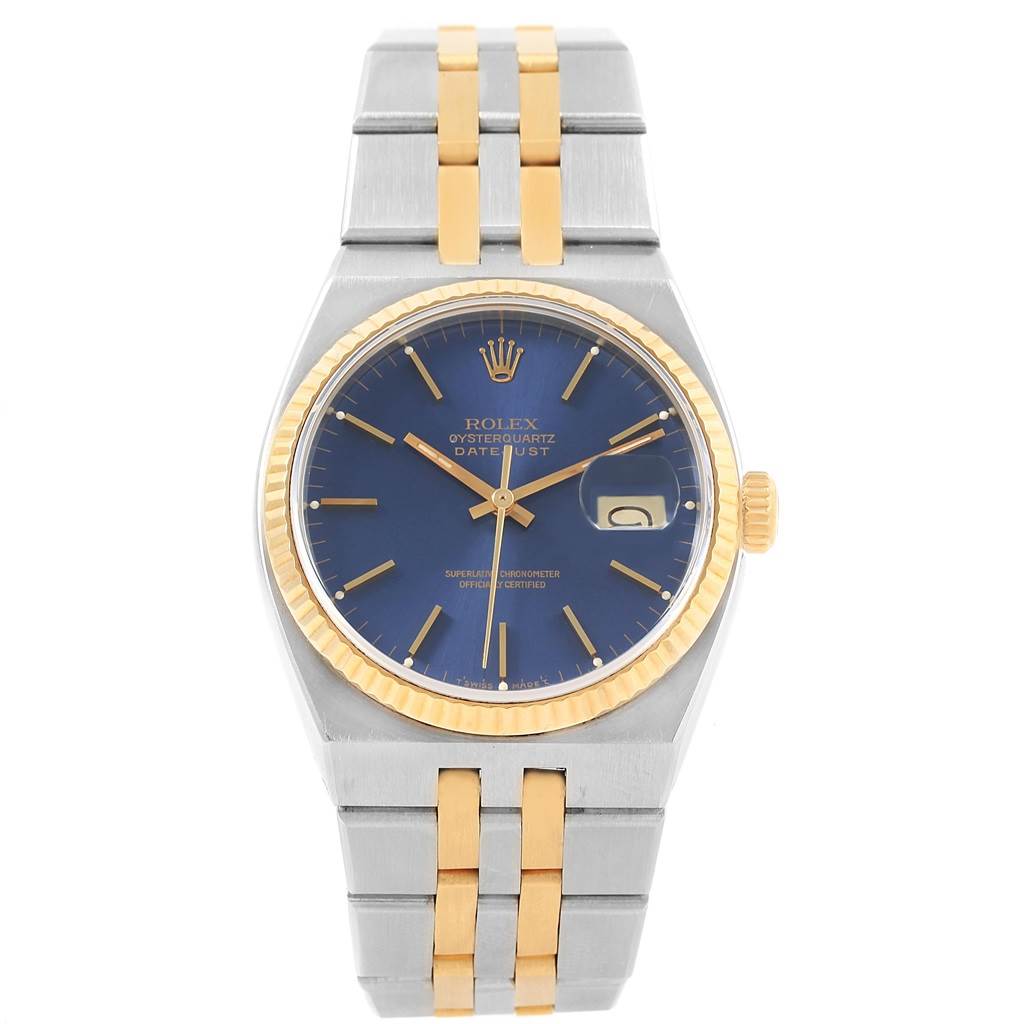 The image shows a full frontal view of a Rolex Oysterquartz 17013 Men's Stainless Steel Blue Dial 17013 Men's Stainless Steel Blue Dial Datejust watch, highlighting the dial, bezel, case, and bracelet.