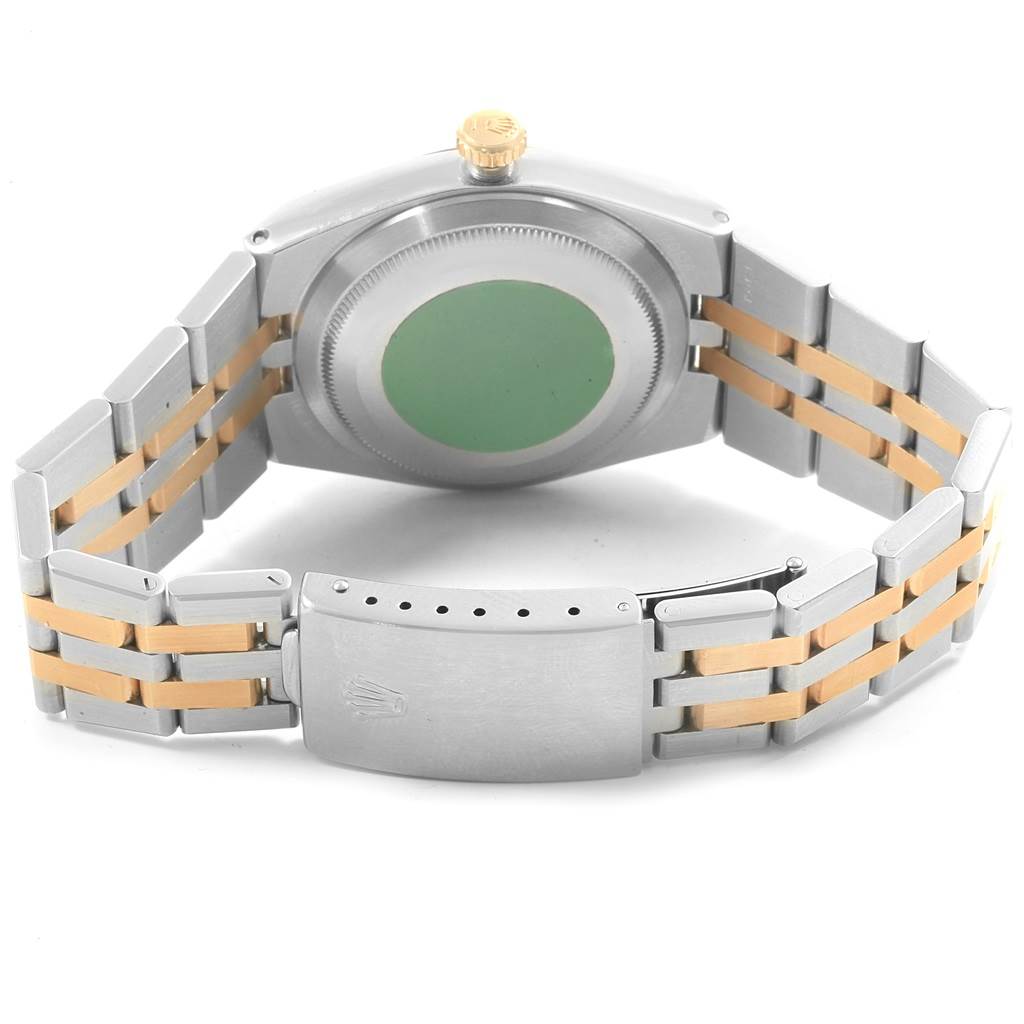 This image shows the back view of the Rolex Oysterquartz 17013 Men's Stainless Steel Blue Dial 17013 Men's Stainless Steel Blue Dial watch, highlighting its case back, bracelet, and clasp.