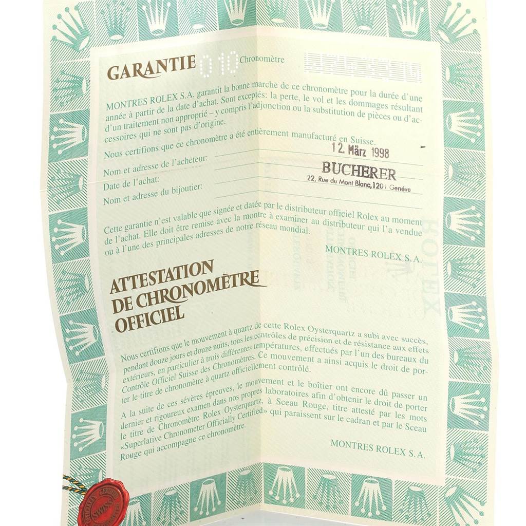 The image shows a warranty and chronometer certificate for a Rolex Oysterquartz 17013 Men's Stainless Steel Blue Dial 17013 Men's Stainless Steel Blue Dial watch, dated March 12, 1998.