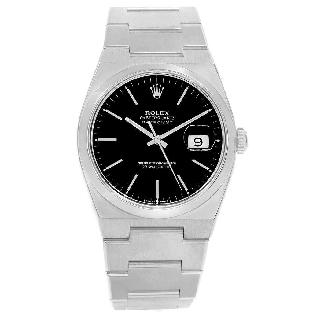 This Rolex Oysterquartz 17000 Men's Stainless Steel Black Dial 17000 Men's Stainless Steel Black Dial watch is shown from a front view, displaying the dial, bracelet, and the date feature.