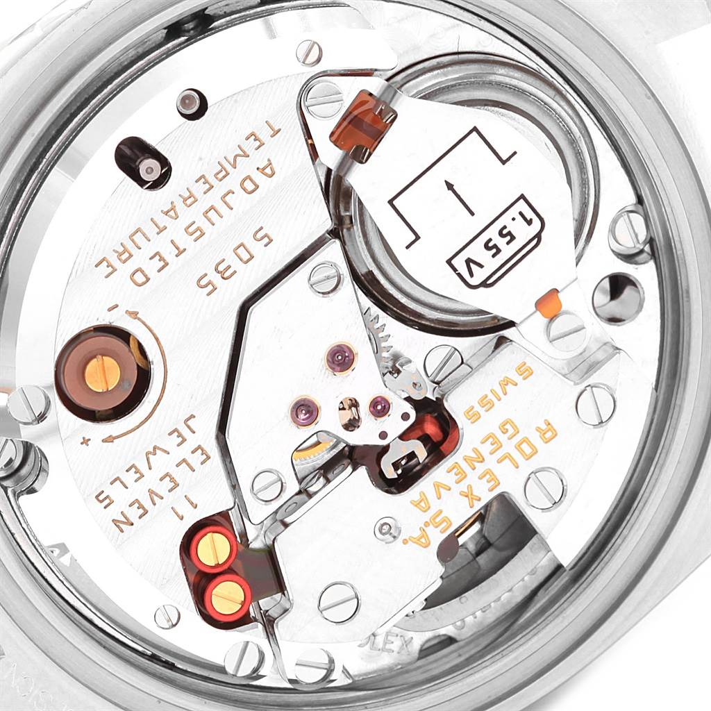 This close-up image shows the internal mechanism of a Rolex Oysterquartz 17000 Men's Stainless Steel Black Dial 17000 Men's Stainless Steel Black Dial watch from the back.