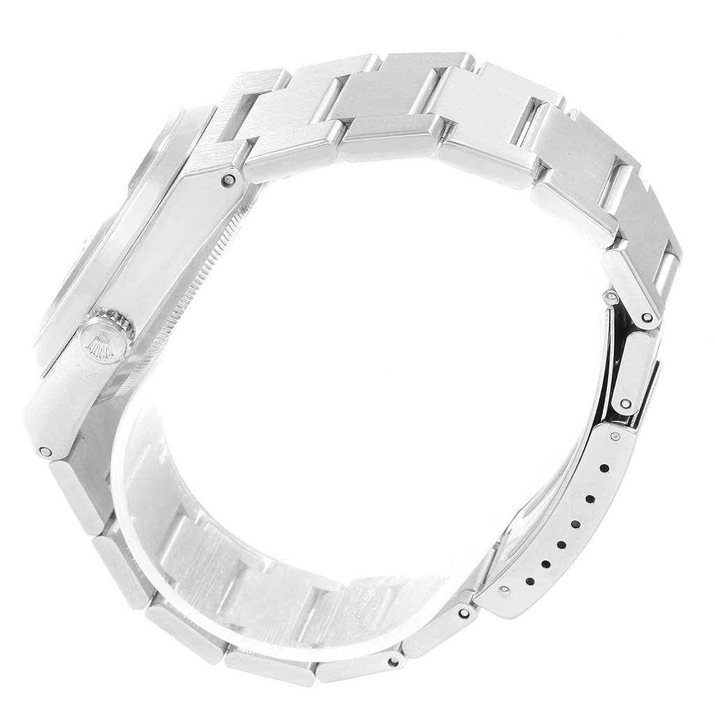 The image shows a side view of the Rolex Oysterquartz 17000 Men's Stainless Steel Black Dial 17000 Men's Stainless Steel Black Dial watch, highlighting the strap, crown, and clasp mechanism.