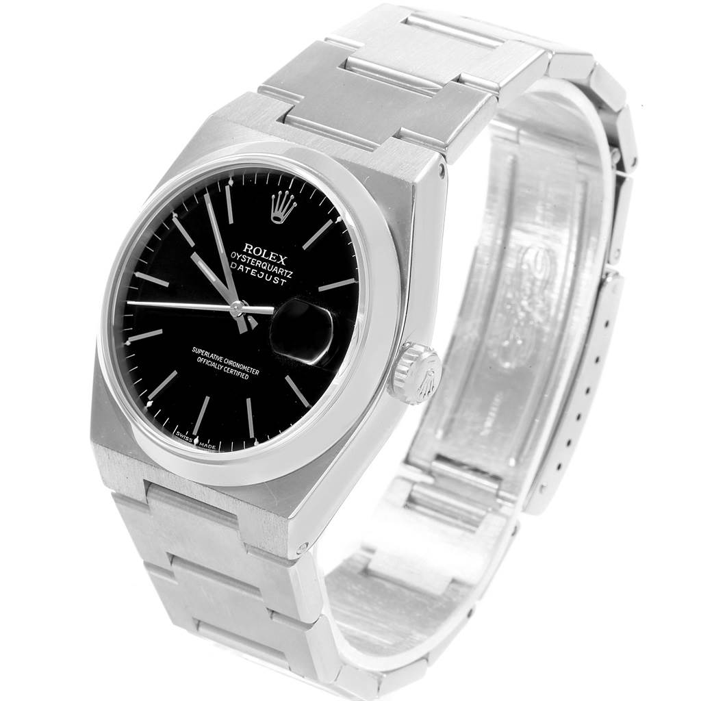 This image shows a Rolex Oysterquartz 17000 Men's Stainless Steel Black Dial 17000 Men's Stainless Steel Black Dial watch at an angled view, highlighting its black dial, bezel, crown, and metal bracelet.