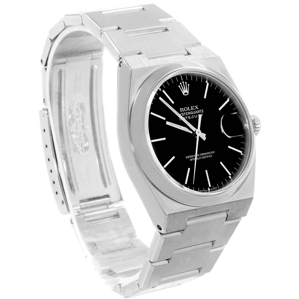 The image shows a Rolex Oysterquartz 17000 Men's Stainless Steel Black Dial 17000 Men's Stainless Steel Black Dial watch at a three-quarter angle, highlighting the bracelet, case, and black dial.