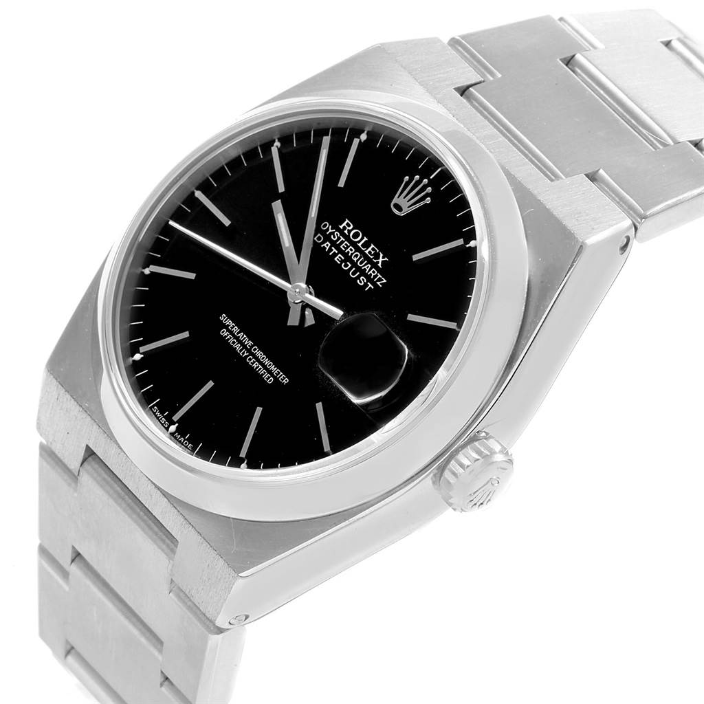 The image shows the Rolex Oysterquartz 17000 Men's Stainless Steel Black Dial 17000 Men's Stainless Steel Black Dial Datejust watch at a three-quarter angle, highlighting the dial, case, crown, and part of the bracelet.
