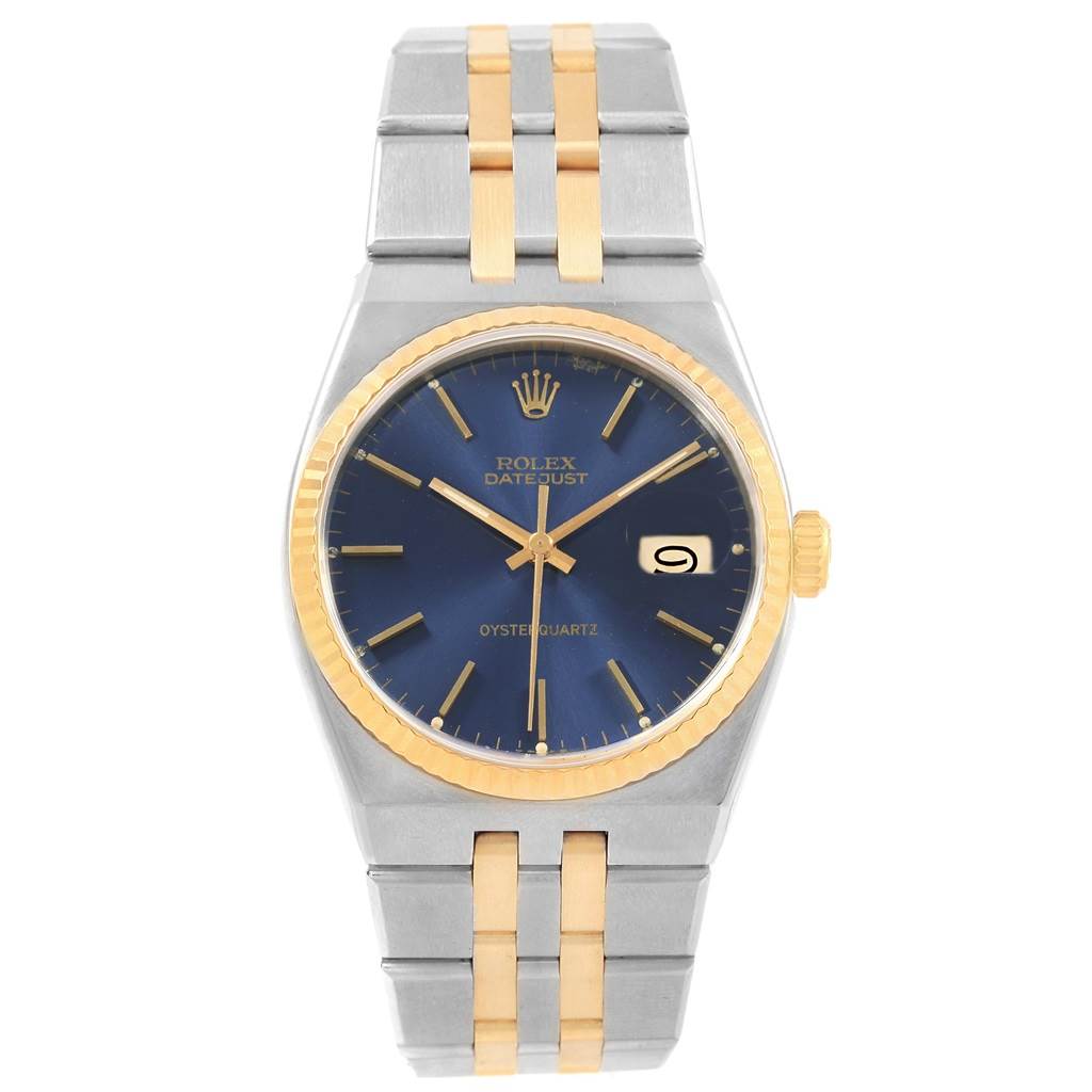 This image shows a front view of a Rolex Oysterquartz 17013 Men's Stainless Steel Blue Dial 17013 Men's Stainless Steel Blue Dial Datejust watch, highlighting the dial, bezel, and bracelet.