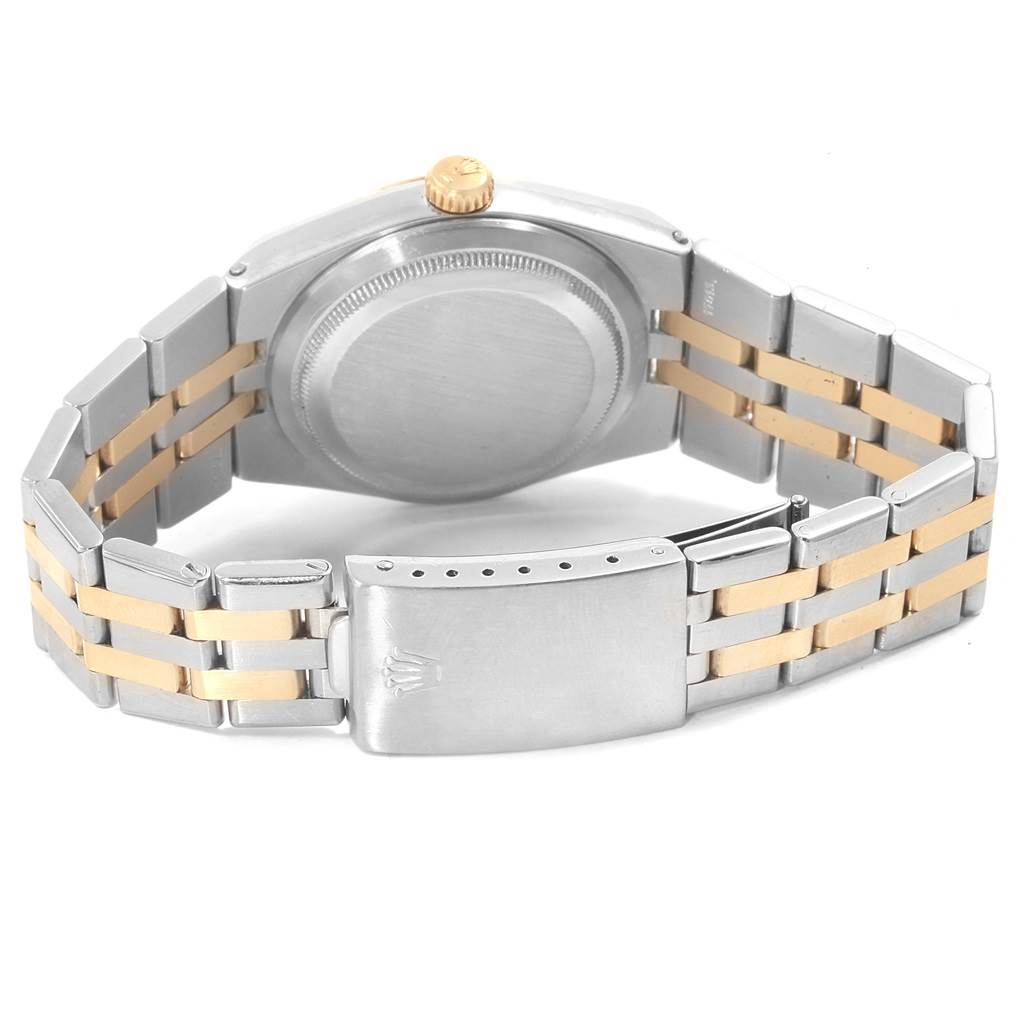 This image shows the back and bracelet of the Rolex Oysterquartz 17013 Men's Stainless Steel Blue Dial 17013 Men's Stainless Steel Blue Dial watch, highlighting the clasp and the screw-down case back.