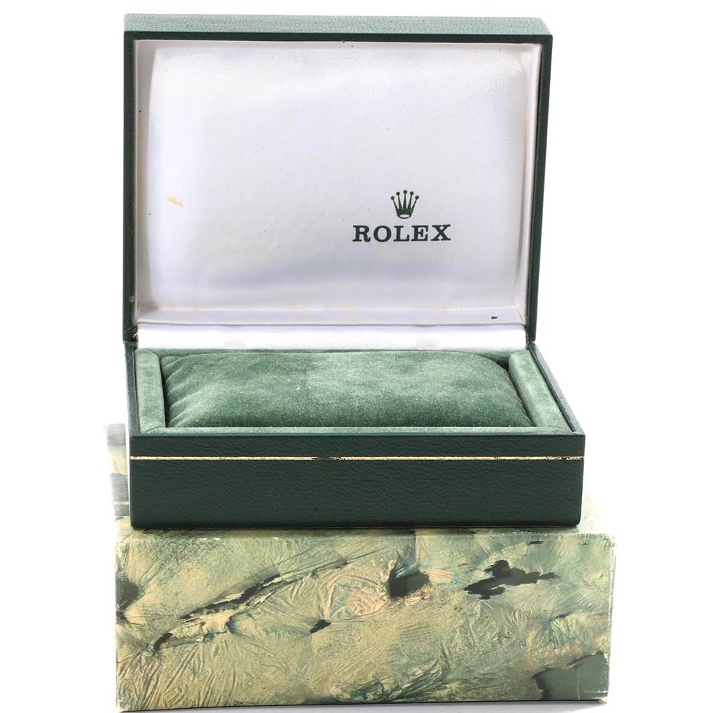 The image shows an empty green watch box for a Rolex Oysterquartz 17013 Men's Stainless Steel Blue Dial 17013 Men's Stainless Steel Blue Dial, with the box lid open, displaying the Rolex logo.