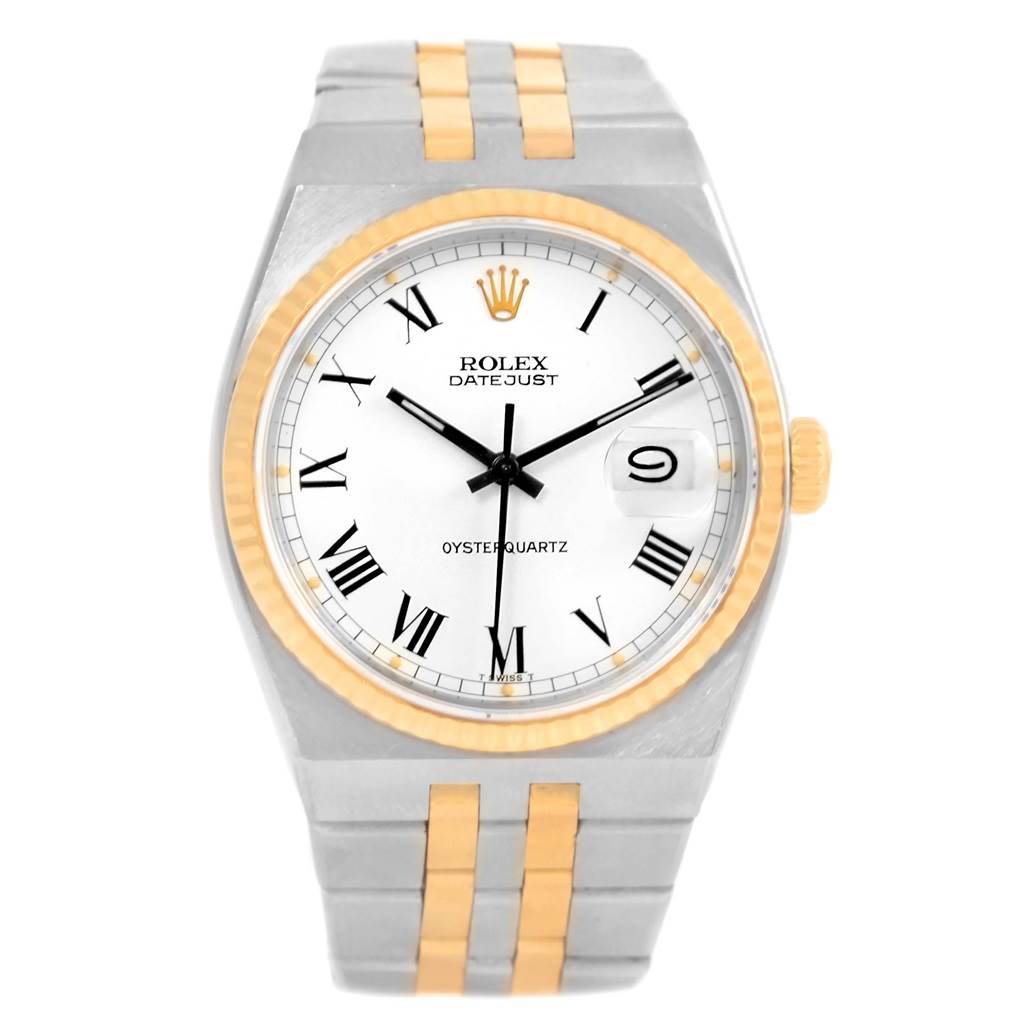 This image shows a frontal view of a Rolex Oysterquartz 17013 Men's Steel and Gold (two tone) White Dial 17013 Men's Steel and Gold (two tone) White Dial Datejust watch, highlighting the dial, case, and bracelet.