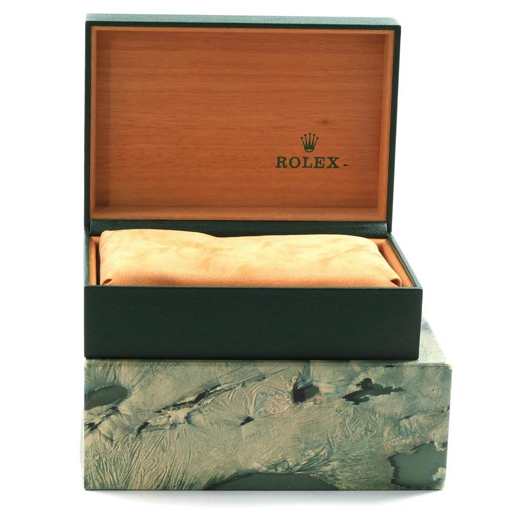 The image shows an open Rolex Oysterquartz 17013 Men's Steel and Gold (two tone) White Dial 17013 Men's Steel and Gold (two tone) White Dial watch box with a pillow inside.