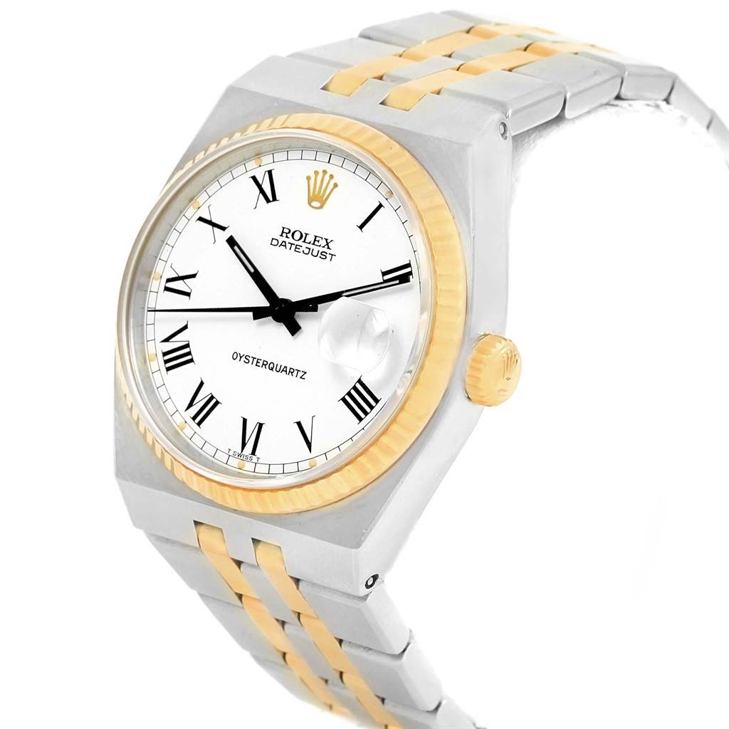 The image shows a Rolex Oysterquartz 17013 Men's Steel and Gold (two tone) White Dial 17013 Men's Steel and Gold (two tone) White Dial Datejust watch at a three-quarter angle, highlighting its face, crown, and part of the bracelet.