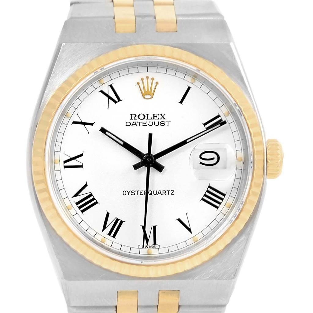 This Rolex Oysterquartz 17013 Men's Steel and Gold (two tone) White Dial 17013 Men's Steel and Gold (two tone) White Dial watch is shown from a front angle, displaying the dial, bezel, hands, crown, and bracelet.