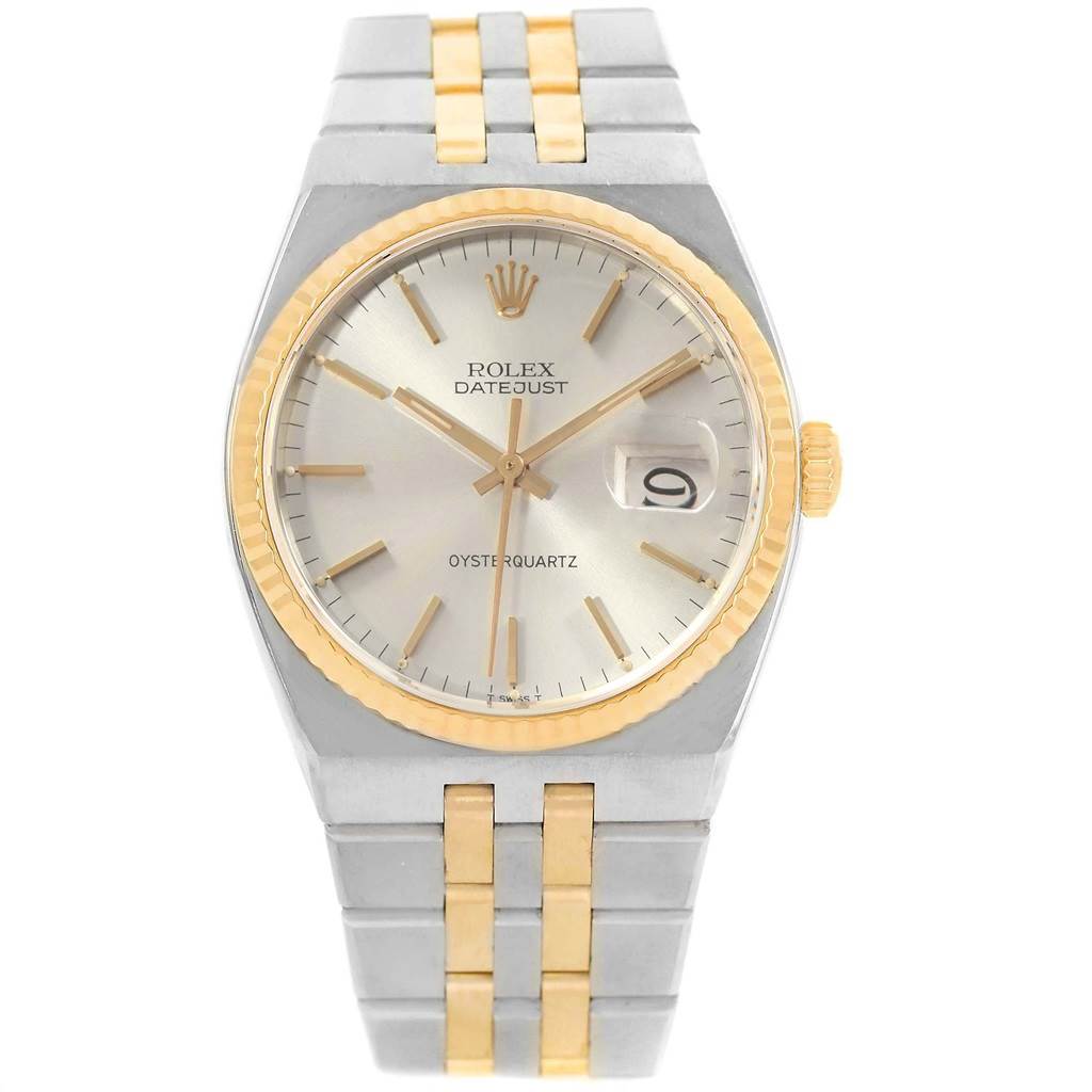 The Rolex Oysterquartz 17013 Men's Stainless Steel Silver Dial 17013 Men's Stainless Steel Silver Dial model is shown from a front angle, highlighting the dial, hands, date window, bezel, and part of the bracelet.