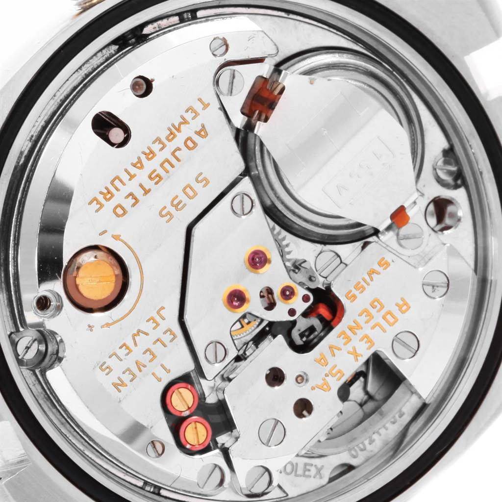 This image shows a close-up view of the movement inside the Rolex Oysterquartz 17013 Men's Stainless Steel Silver Dial 17013 Men's Stainless Steel Silver Dial watch, highlighting gears and other components.
