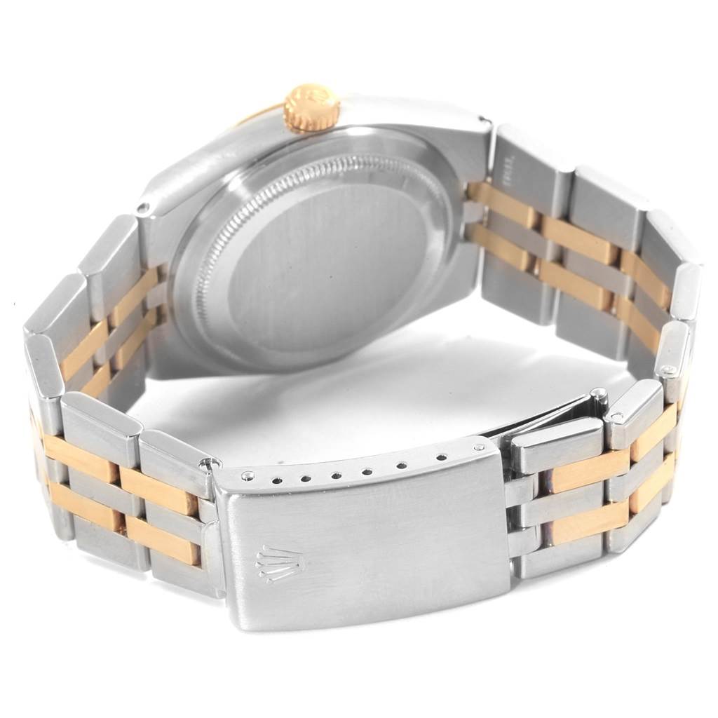 The image shows the back case and bracelet of a Rolex Oysterquartz 17013 Men's Stainless Steel Silver Dial 17013 Men's Stainless Steel Silver Dial watch at an angle highlighting the clasp and crown.