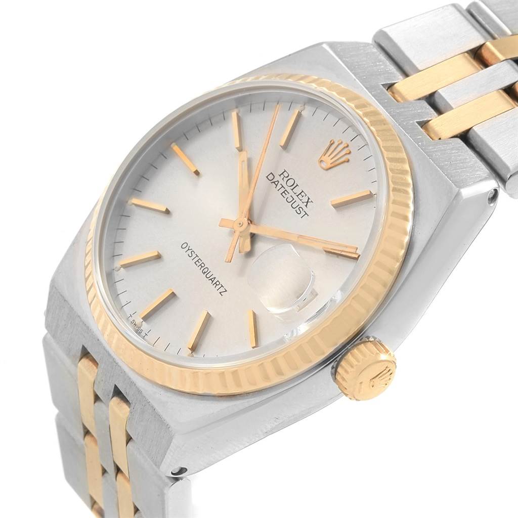 The image shows a close-up angled view of a Rolex Oysterquartz 17013 Men's Stainless Steel Silver Dial 17013 Men's Stainless Steel Silver Dial Datejust watch, highlighting the dial, crown, and part of the bracelet.