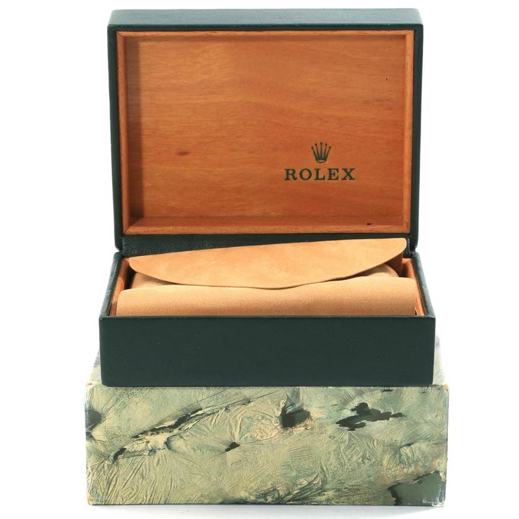 The image shows a Rolex Oysterquartz 17013 Men's Stainless Steel Silver Dial 17013 Men's Stainless Steel Silver Dial watch box opened, revealing the interior but not the watch itself.