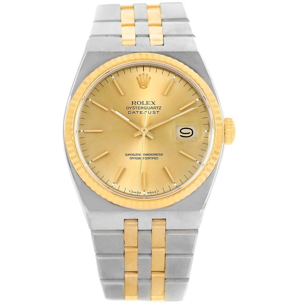 The image shows a frontal view of a Rolex Oysterquartz 17013 Men's Stainless Steel Champagne Dial 17013 Men's Stainless Steel Champagne Dial watch, highlighting its dial, bezel, and bracelet.
