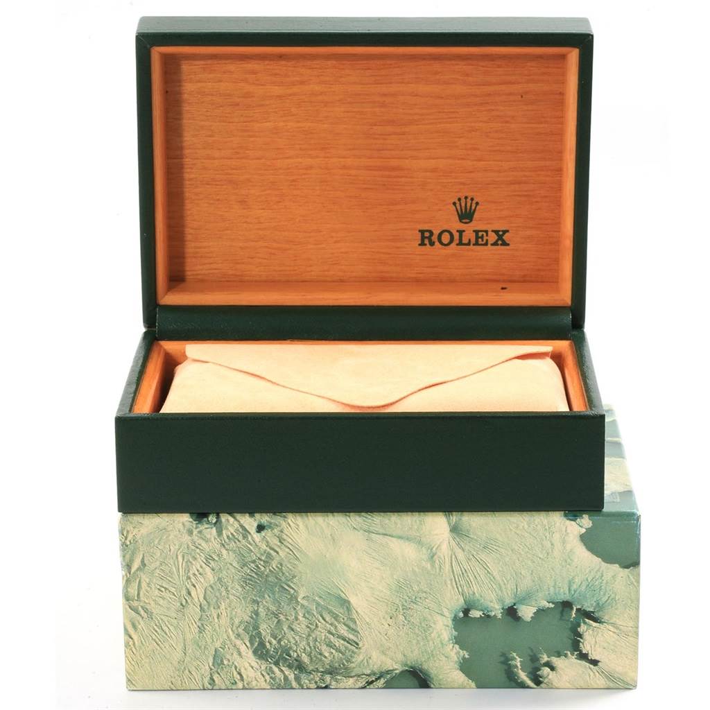 The image shows an open Rolex Oysterquartz 17013 Men's Stainless Steel Champagne Dial 17013 Men's Stainless Steel Champagne Dial box, revealing its interior lining and compartment for the watch.