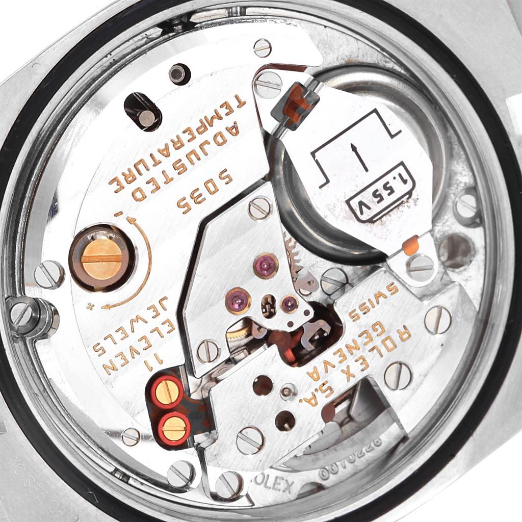 This image shows the movement and inner mechanism of a Rolex Oysterquartz 17013 Men's Steel and Gold (two tone) White Dial 17013 Men's Steel and Gold (two tone) White Dial model watch from a close-up angle.