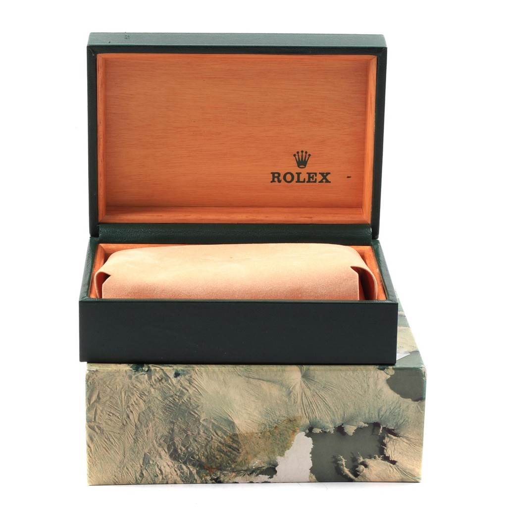 The image shows an open Rolex Oysterquartz 17000 Men
s Stainless Steel Silver Dial 17000 Men
s Stainless Steel Silver Dial watch box with a cushion inside, viewed from the front.