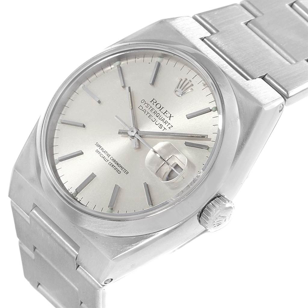 The Rolex Oysterquartz 17000 Men
s Stainless Steel Silver Dial 17000 Men
s Stainless Steel Silver Dial watch is shown from an angled perspective, highlighting the face, crown, and part of the bracelet.