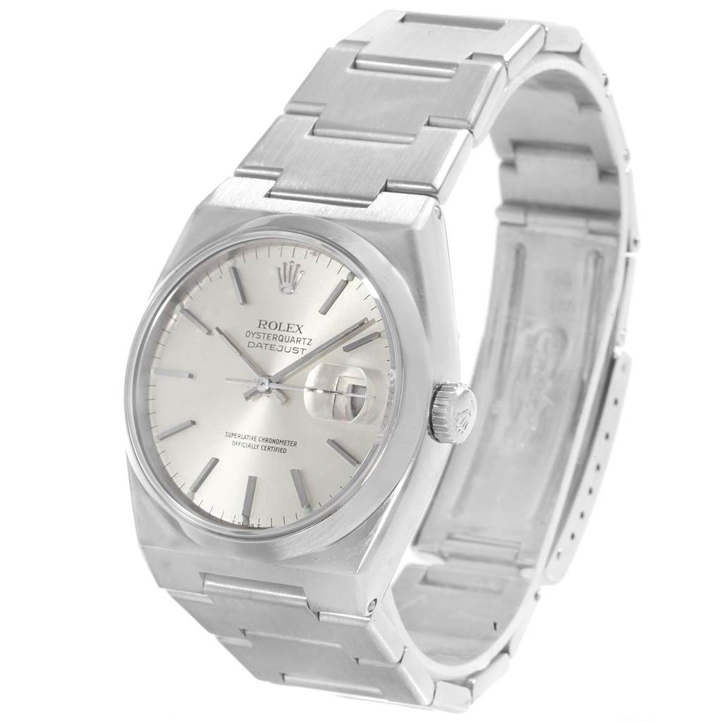 The Rolex Oysterquartz 17000 Men
s Stainless Steel Silver Dial 17000 Men
s Stainless Steel Silver Dial Datejust watch is shown at a three-quarter angle, displaying its dial, case, and bracelet.
