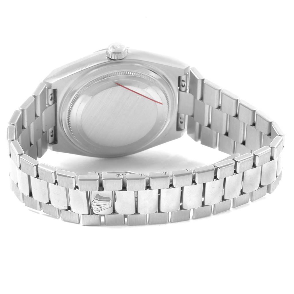 This image shows the back view of a Rolex Oysterquartz 19019 Men's White Gold Silver Dial 19019 Men's White Gold Silver Dial watch, displaying its case, bracelet, and clasp.