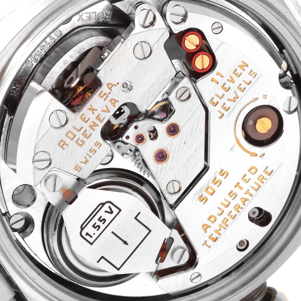 The image shows the internal movement of a Rolex Oysterquartz 19019 Men's White Gold Silver Dial 19019 Men's White Gold Silver Dial watch, highlighting components and inscriptions.