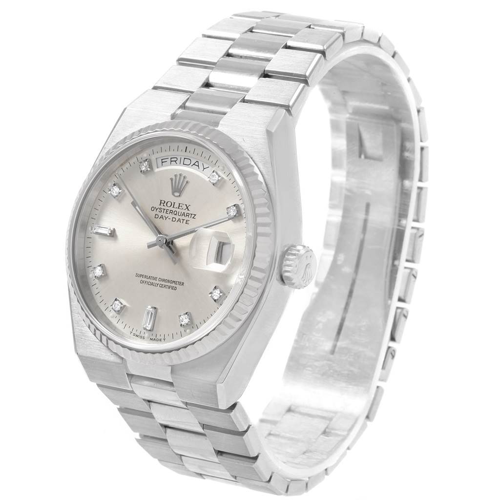 The Rolex Oysterquartz 19019 Men's White Gold Silver Dial 19019 Men's White Gold Silver Dial watch is shown facing front, displaying the dial, bezel, crown, and stainless steel bracelet.