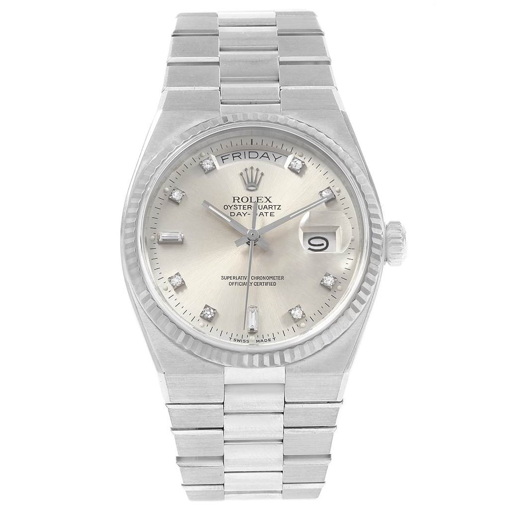 This image shows a front view of a Rolex Oysterquartz 19019 Men's White Gold Silver Dial 19019 Men's White Gold Silver Dial watch, highlighting the dial, bracelet, and crown.