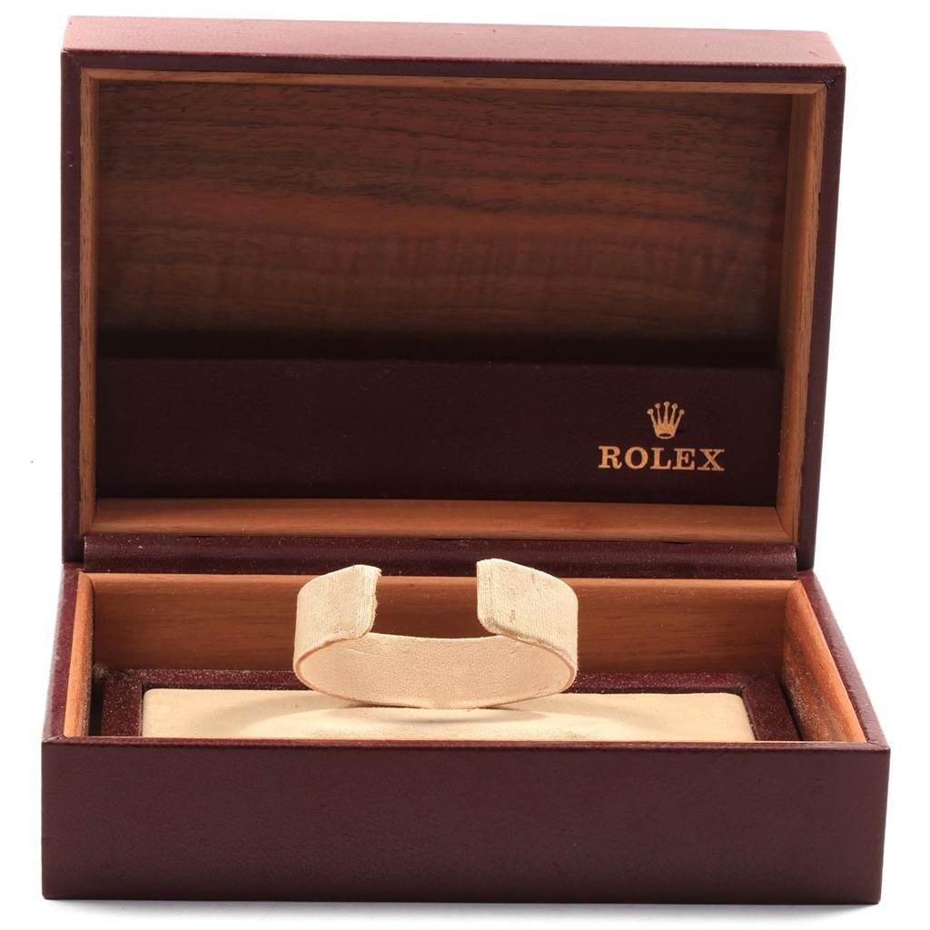 The image shows an empty Rolex Oysterquartz 19019 Men's White Gold Silver Dial 19019 Men's White Gold Silver Dial watch box, open, with a beige watch holder inside.