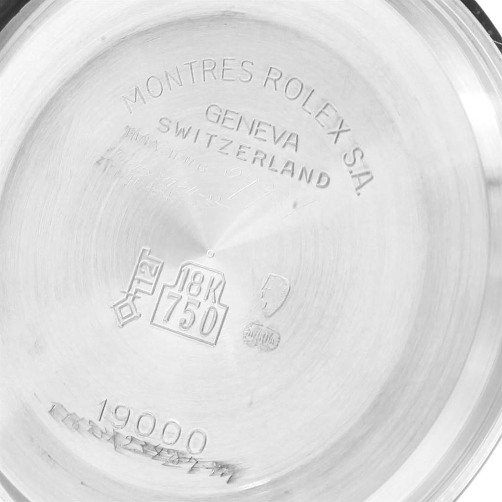 This image shows the case back of a Rolex Oysterquartz 19019 Men's White Gold Silver Dial 19019 Men's White Gold Silver Dial watch, highlighting engraving details.