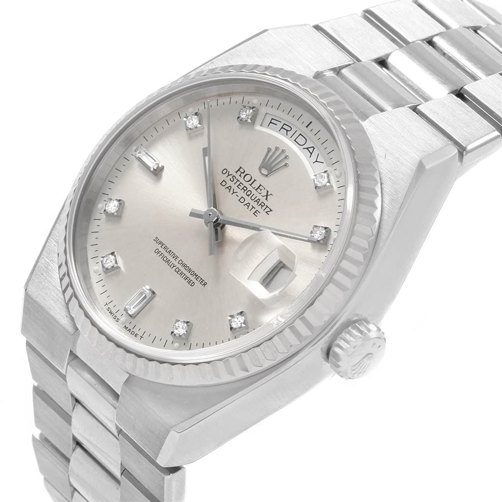 The image shows a Rolex Oysterquartz 19019 Men's White Gold Silver Dial 19019 Men's White Gold Silver Dial watch at a slight angle, displaying its face, bezel, crown, and part of the bracelet.