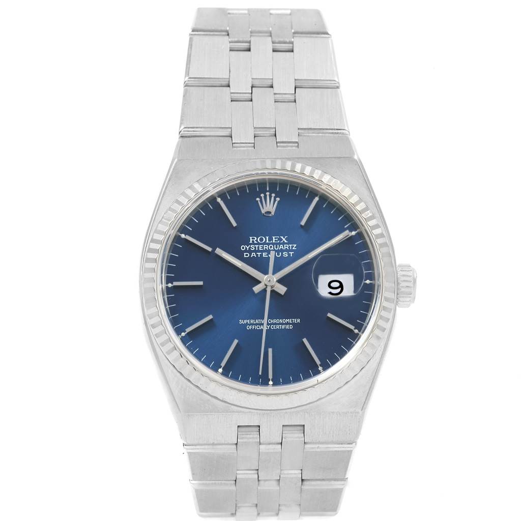 The image shows a front view of a Rolex Oysterquartz 17014 Men's Stainless Steel Blue Dial 17014 Men's Stainless Steel Blue Dial Datejust watch with a blue dial and silver bracelet.