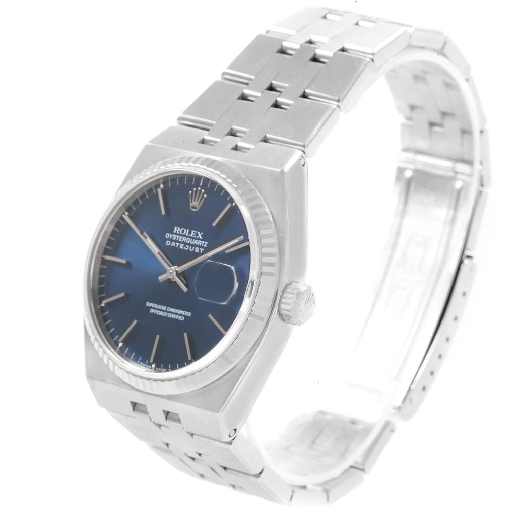 The image shows a Rolex Oysterquartz 17014 Men's Stainless Steel Blue Dial 17014 Men's Stainless Steel Blue Dial Datejust watch at a slight angle, displaying its face, bezel, crown, and bracelet.