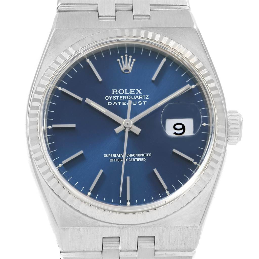 This image shows a front view of the Rolex Oysterquartz 17014 Men's Stainless Steel Blue Dial 17014 Men's Stainless Steel Blue Dial Datejust watch with a blue dial and stainless steel case and bracelet.