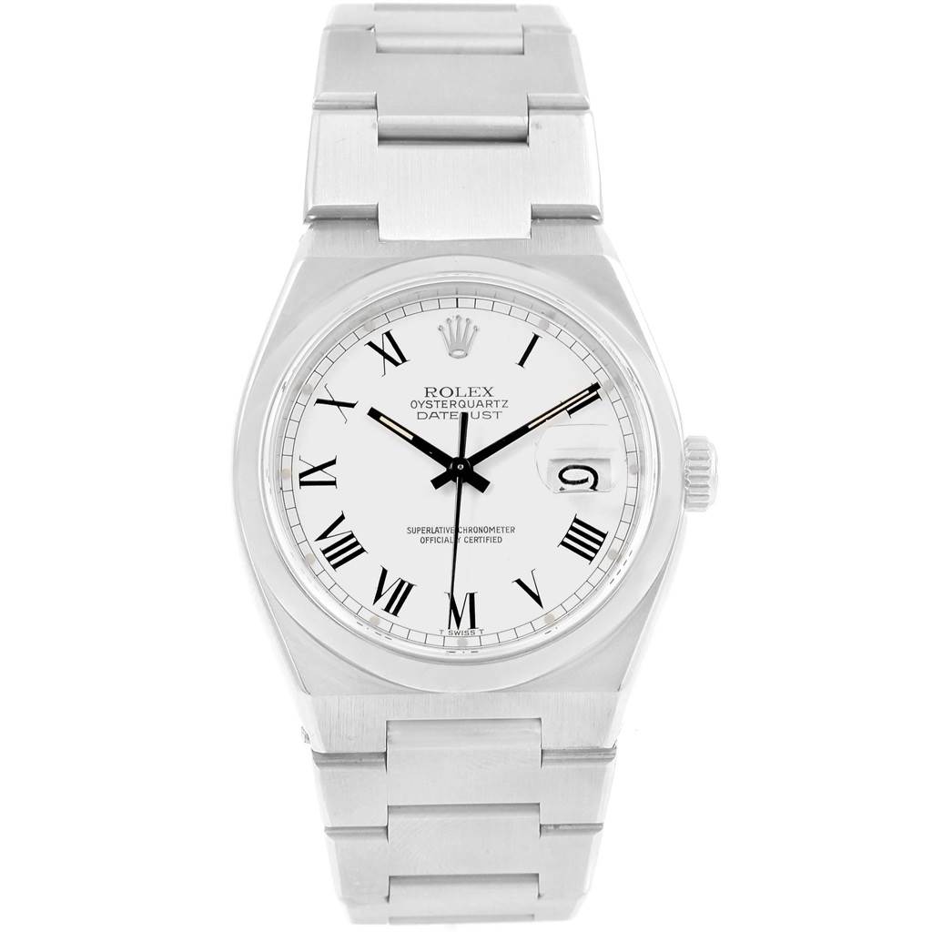 The image shows a front view of an Oysterquartz Datejust Rolex watch, displaying the dial, bezel, bracelet, and crown.