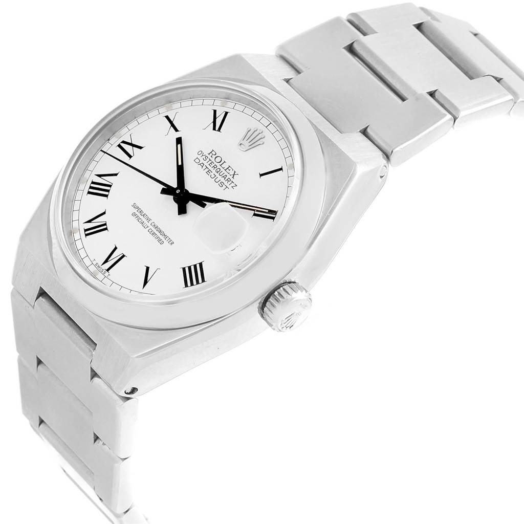 The Rolex Oysterquartz 17000 Men's Stainless Steel White Dial 17000 Men's Stainless Steel White Dial watch is shown at an angled view, displaying the face, bezel, and part of the bracelet.