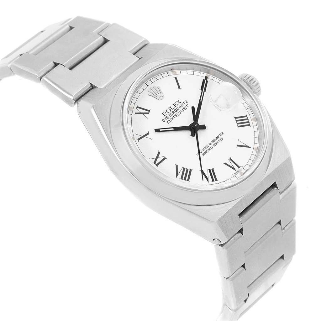 This image shows a steel Rolex Oysterquartz 17000 Men's Stainless Steel White Dial 17000 Men's Stainless Steel White Dial Datejust watch at an angled view, highlighting the bracelet, dial, and crown.