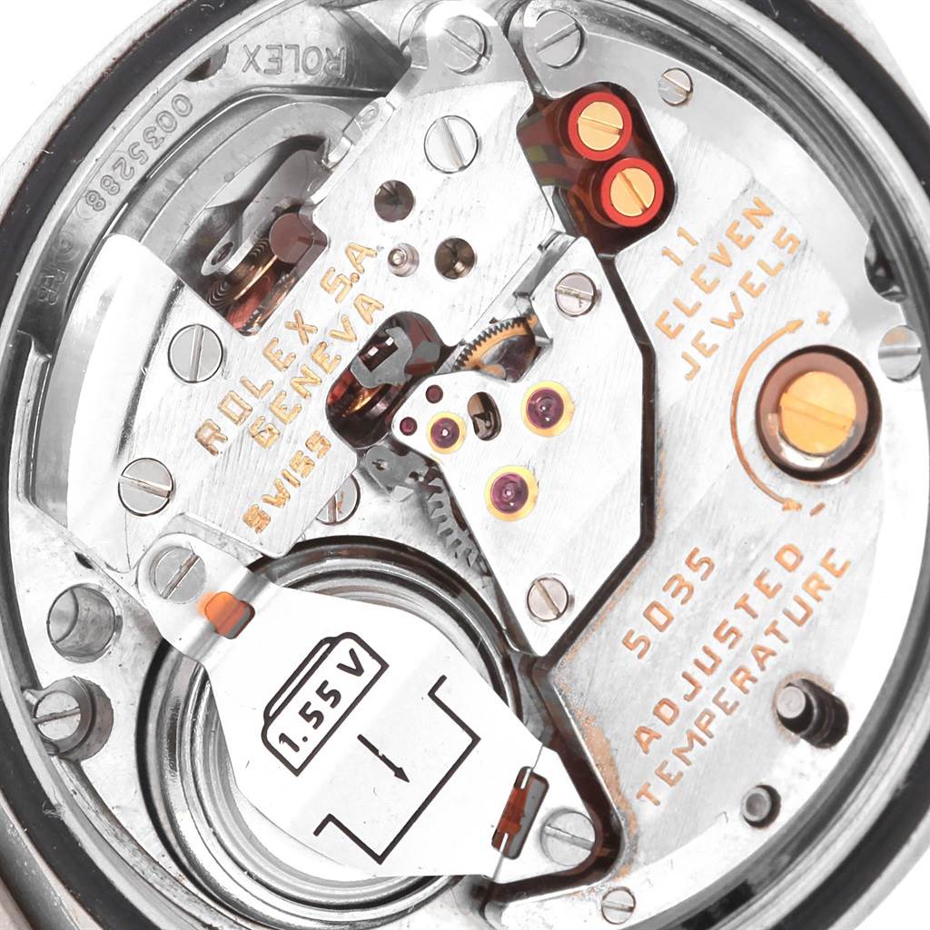 Close-up view of the Rolex Oysterquartz 17000 Men's Stainless Steel White Dial 17000 Men's Stainless Steel White Dial watch movement, showing intricate internal components and battery.
