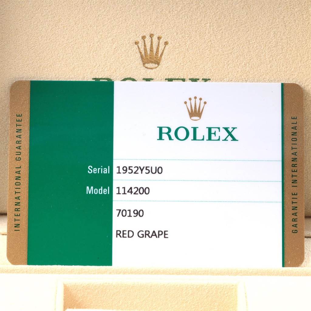 The image shows an international guarantee card for a Rolex Oysterquartz 114200 Men
s Stainless Steel Burgundy Dial 114200 Men
s Stainless Steel Burgundy Dial model, displaying the serial number, model number, and color.