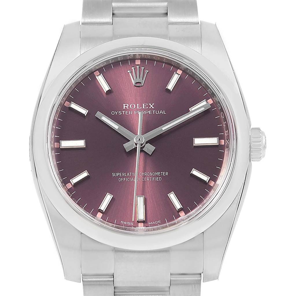The image shows a front view of a Rolex Oysterquartz 114200 Men
s Stainless Steel Burgundy Dial 114200 Men
s Stainless Steel Burgundy Dial watch, highlighting its dial, hour markers, hands, and crown.